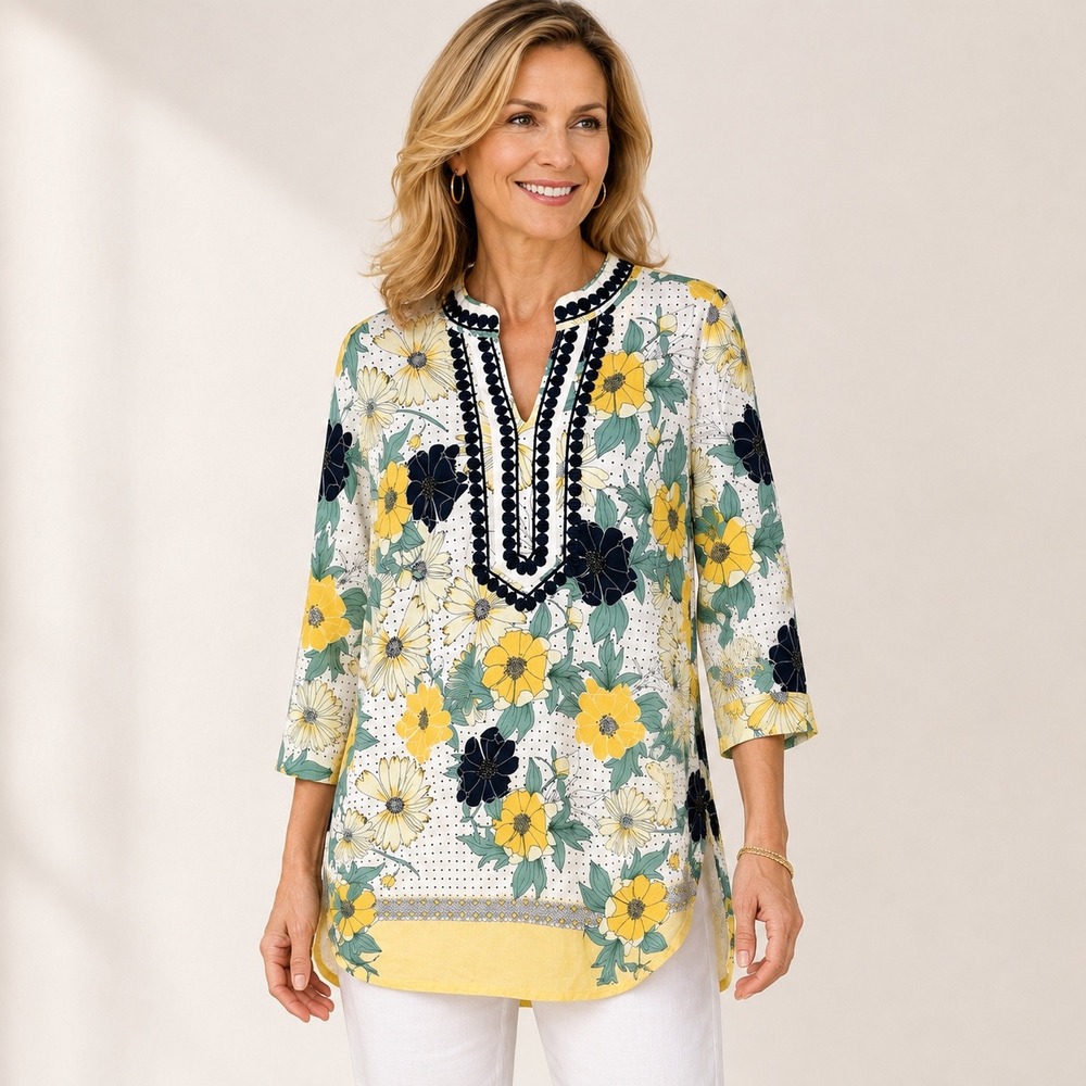 Charter Club Womens XL Floral Embroidered Tunic Top Split Neck Rayon Yellow Navy